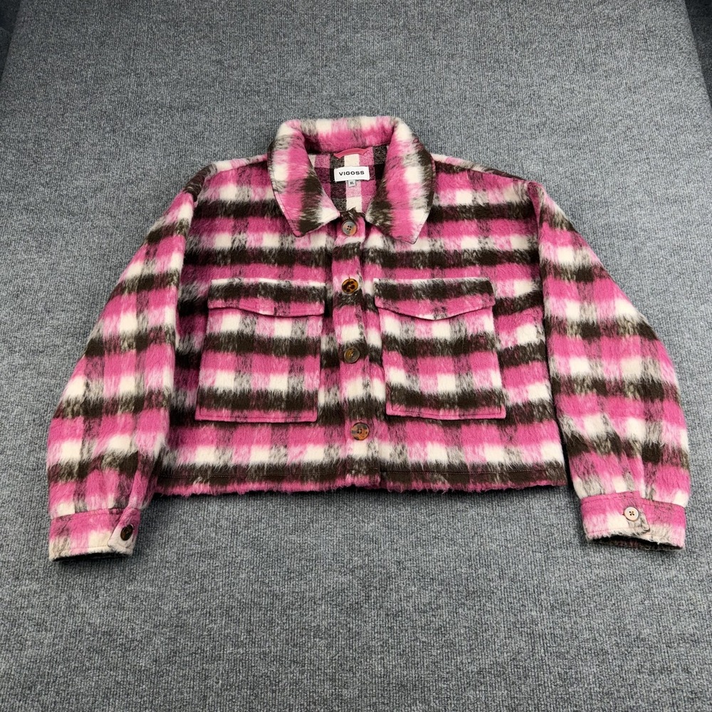 Vigoss Jacket Womens XL Pink Plaid Fleece Lined Button Front Cropped‎ Shacket